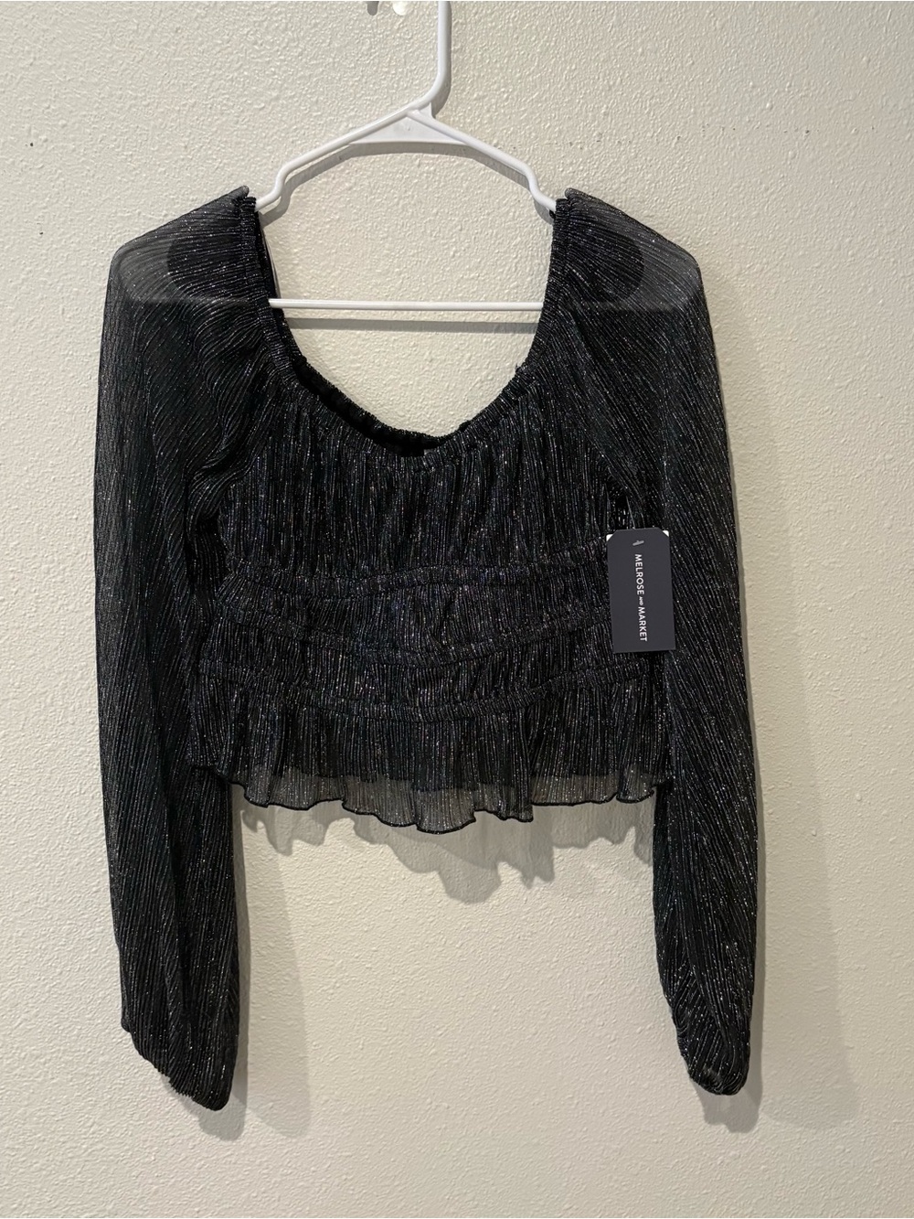 Black Metallic Smocked Long-Sleeve Crop Top